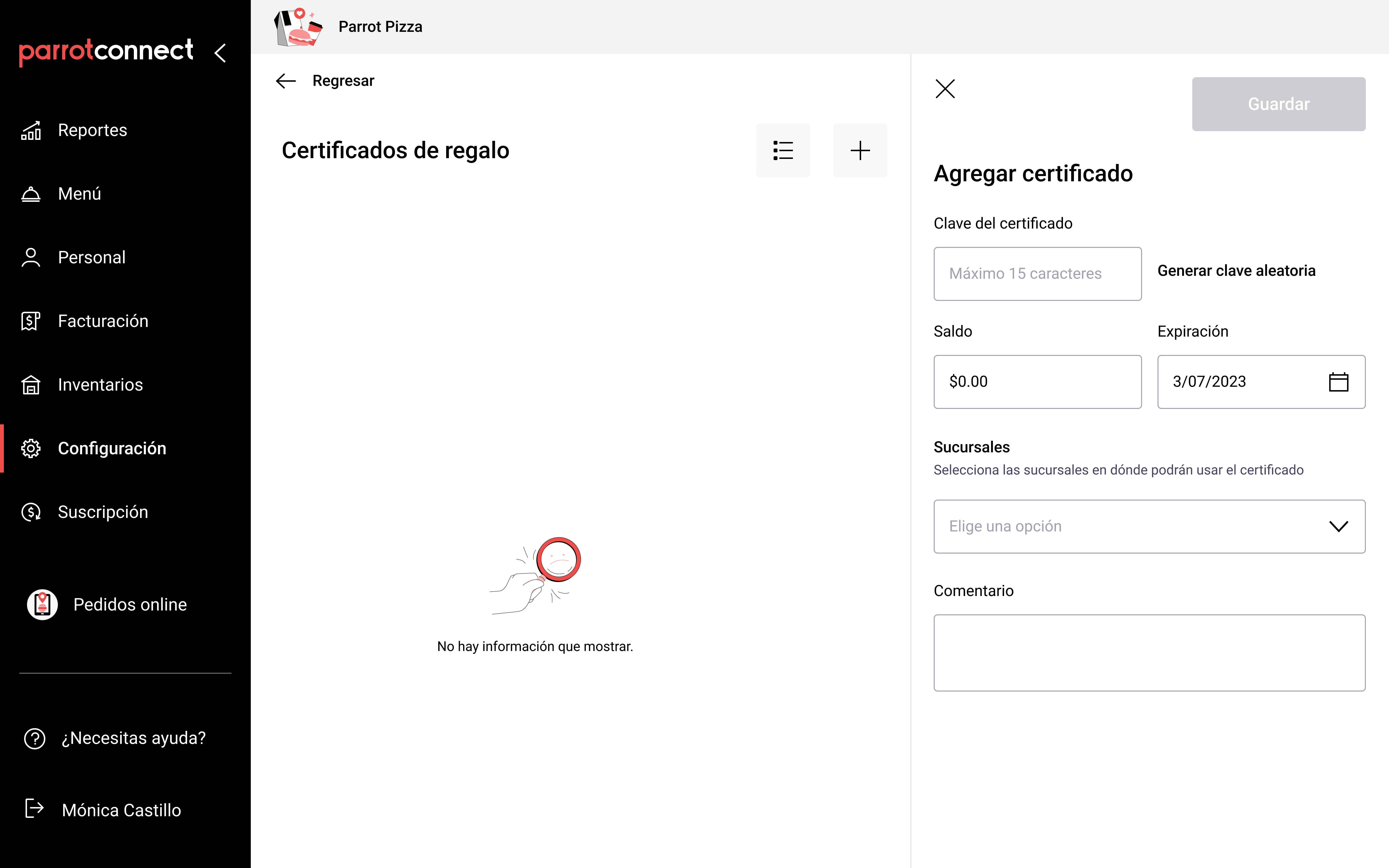 Módulo certificados de regalo Parrotconnect