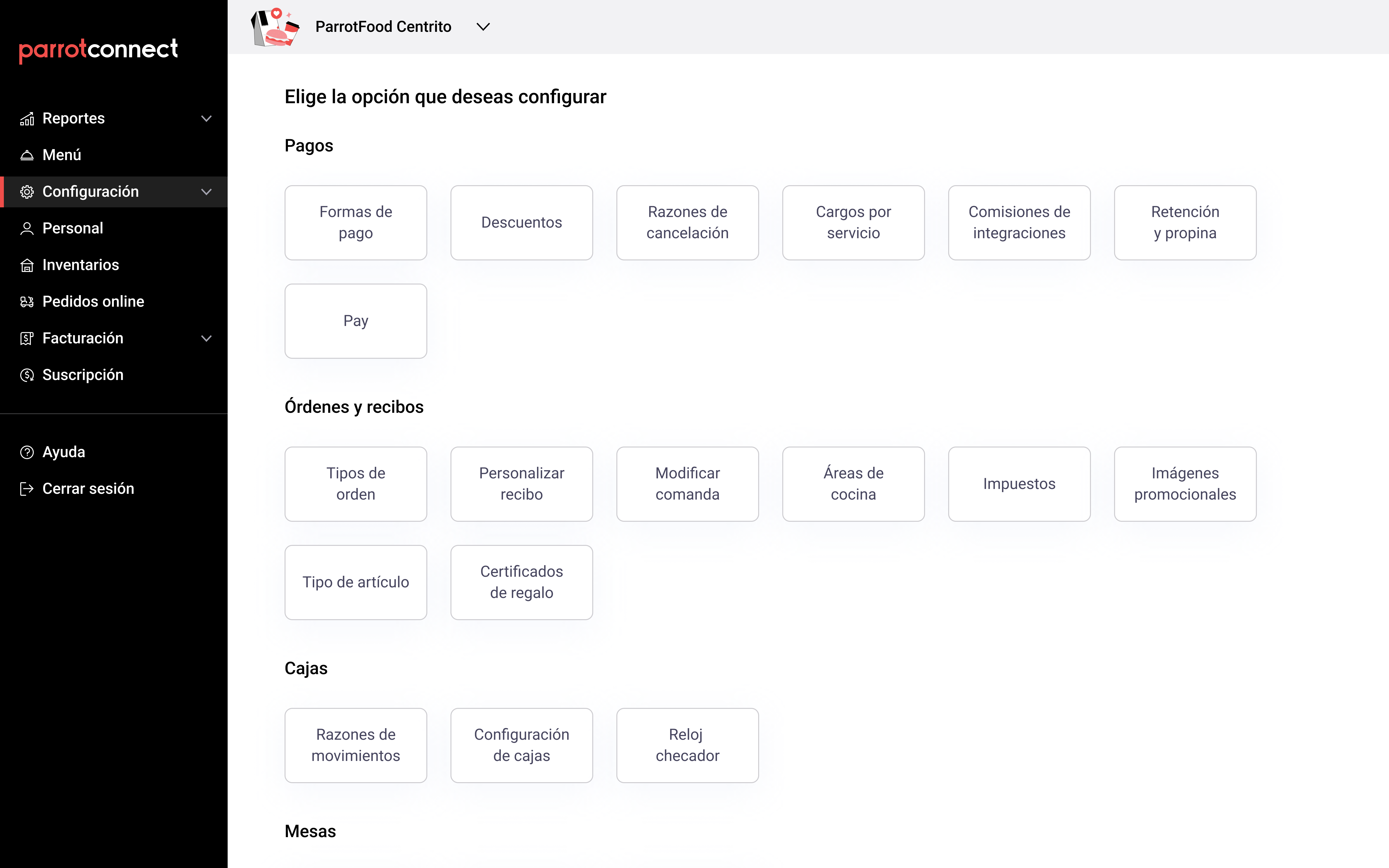 Menú de configuración Parrotconnect