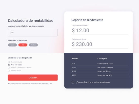 Interfaz de la Calculadora de Utilidad de Parrot para Delivery Apps, con campos para costos y selección de plataforma