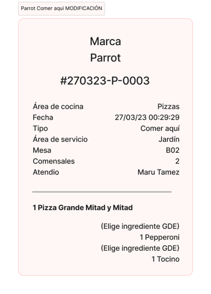 Parrot nota de orden pizzeria