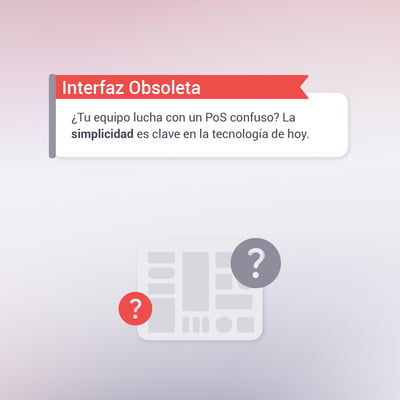 Icono de PoS con signos de interrogación, texto sobre evitar interfaces complicadas o antiguas para restaurantes.